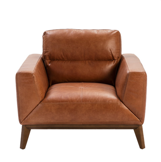 Fauteuil en cuir marron et pied en bois Angel Cerda