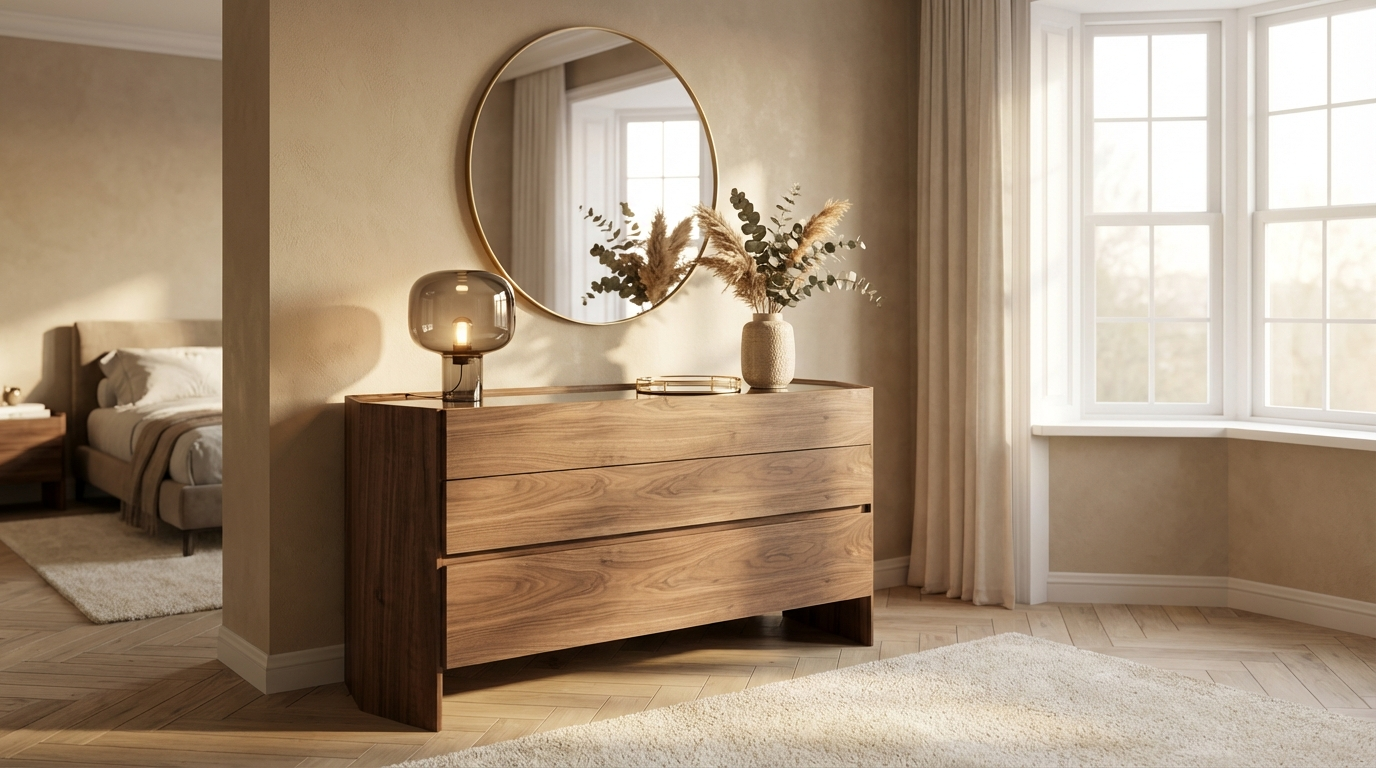 Commode hexagonale en bois de noyer & verre trempé