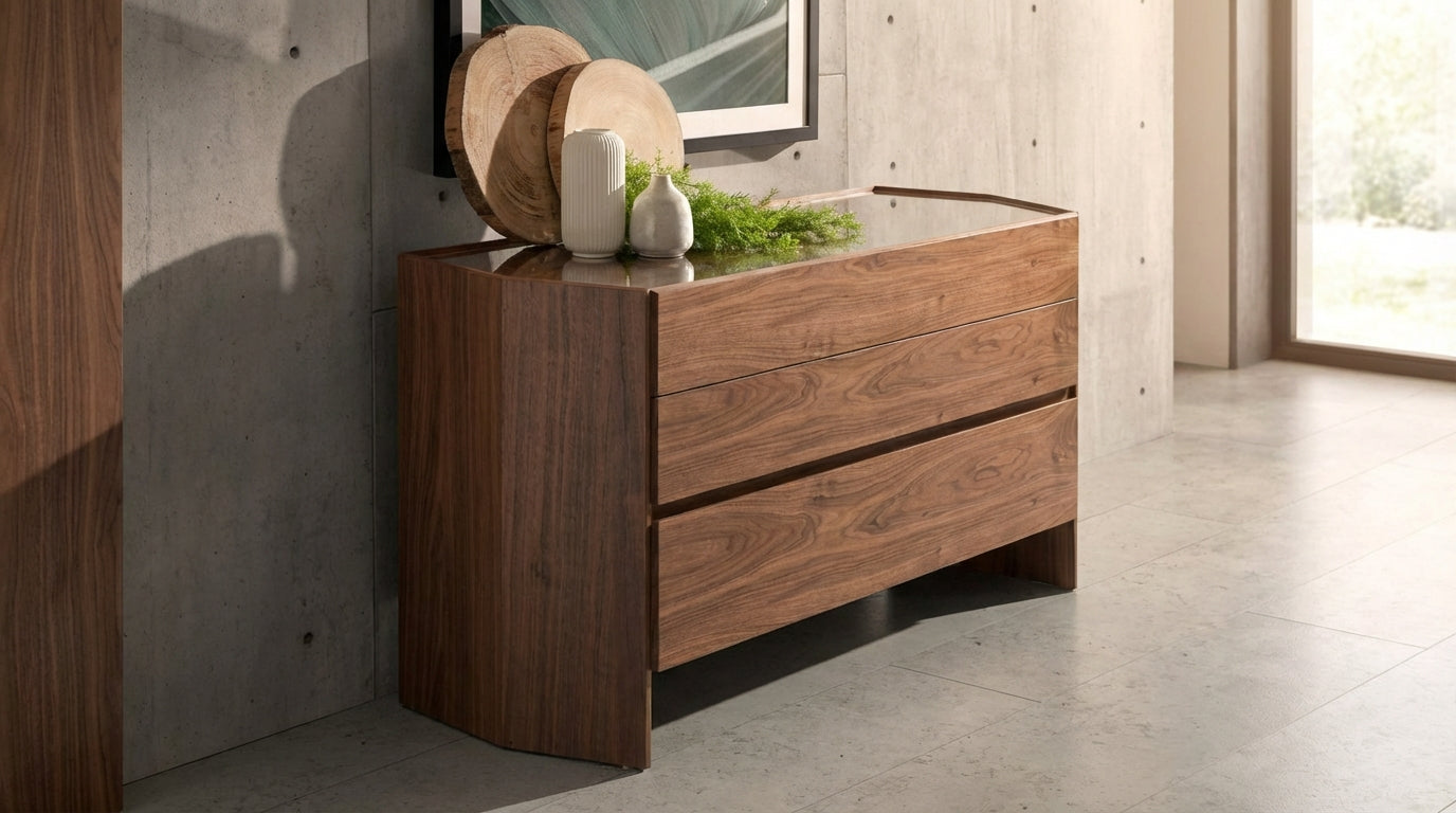 Commode hexagonale en bois de noyer & verre trempé