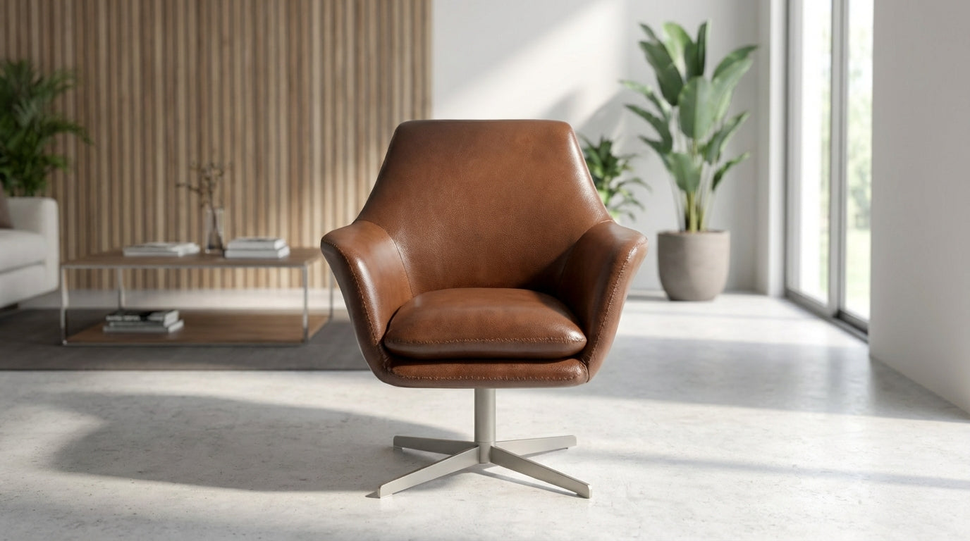 Fauteuil pivotant rembourré en cuir cognac & acier inoxydable