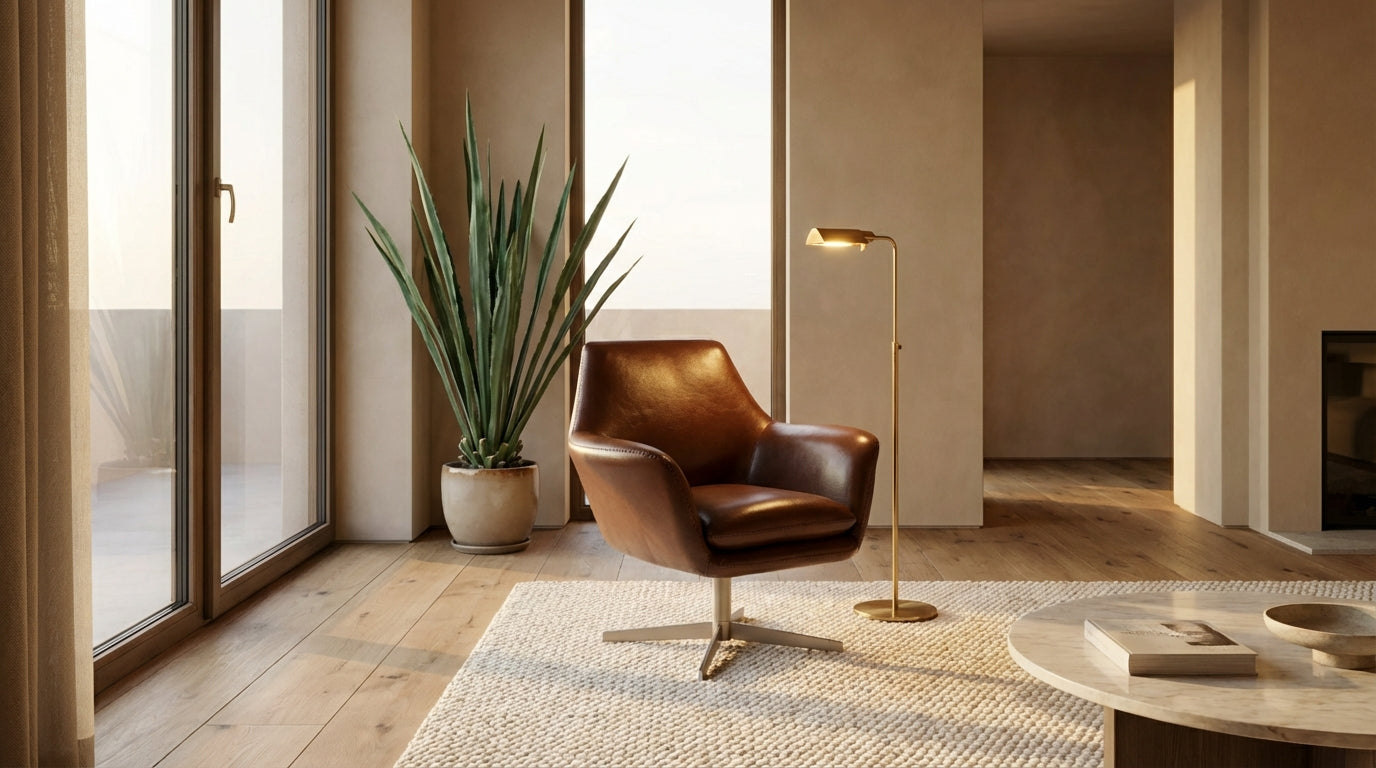 Fauteuil pivotant rembourré en cuir cognac & acier inoxydable