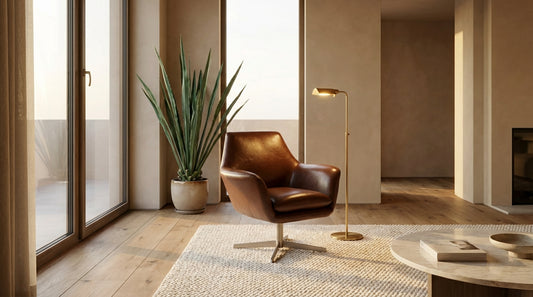Fauteuil pivotant rembourré en cuir cognac & acier inoxydable