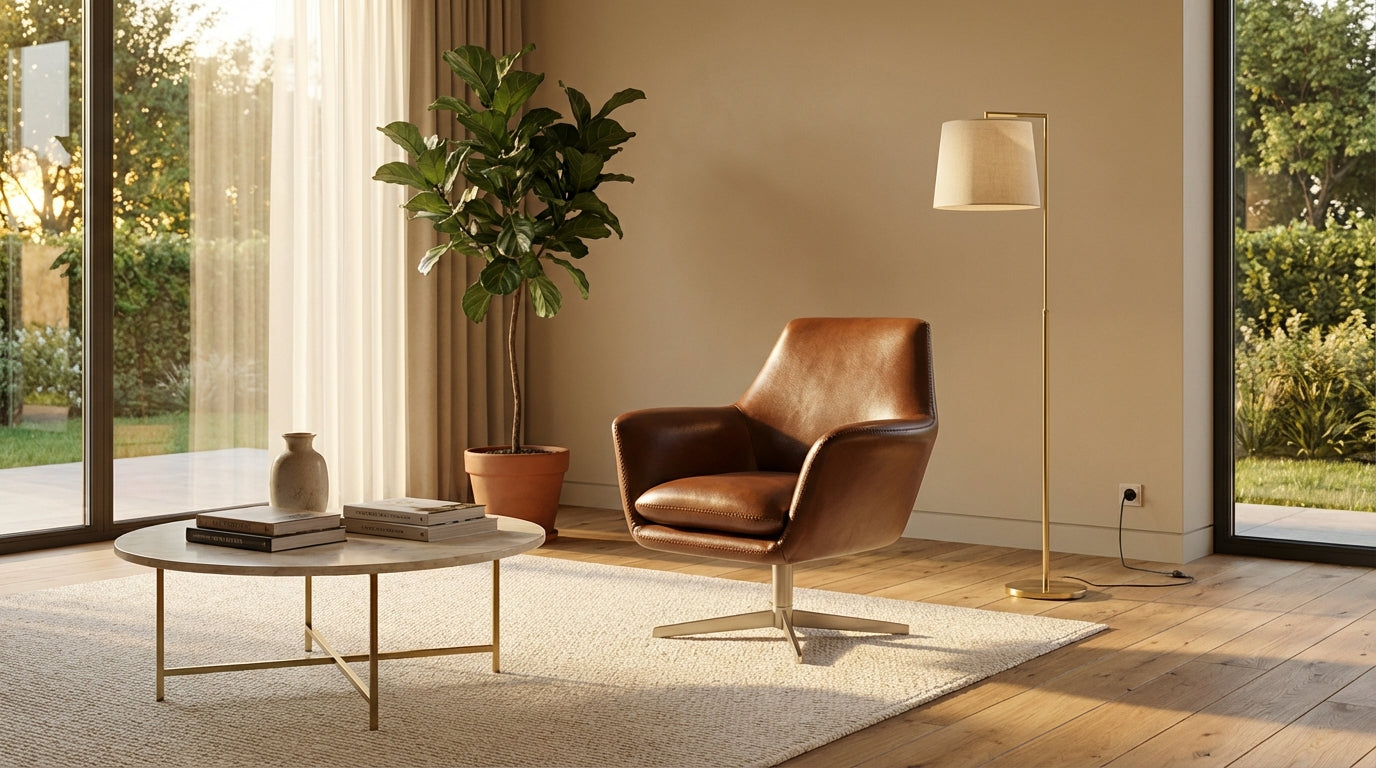 Fauteuil pivotant rembourré en cuir cognac & acier inoxydable