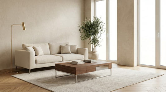 Table basse rectangulaire en noyer & acier chromé avec tiroir intégré