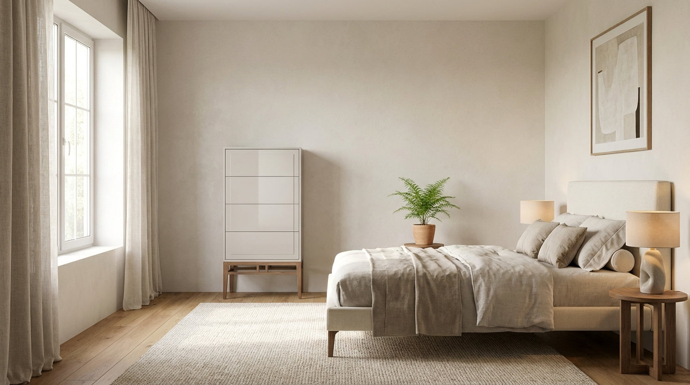 Chiffonnier contemporain gris brillant & bois de noyer au design épuré