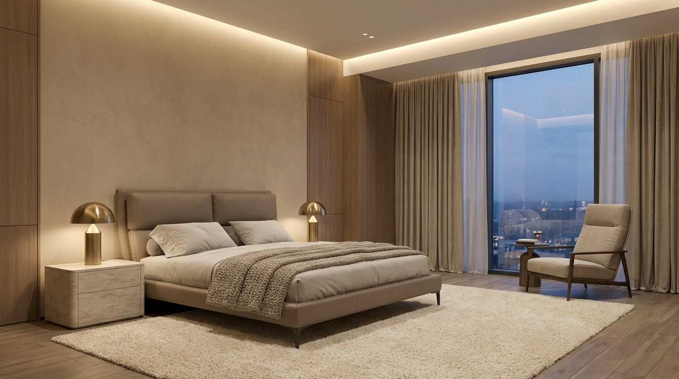 Lit double design moderne en similicuir vison avec tête de lit rembourrée