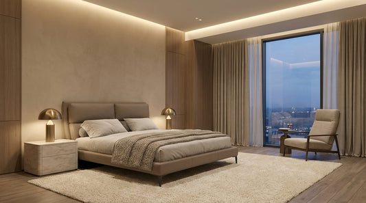 Lit double design moderne en similicuir vison avec tête de lit rembourrée
