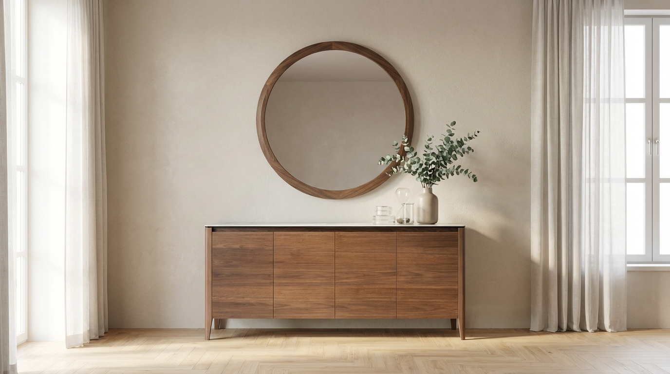 Miroir mural rond en bois de noyer au design contemporain élégant