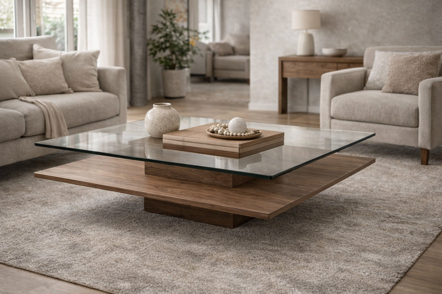 Table basse bois noyer et verre trempé design | Salon contemporain