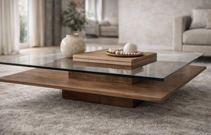 Table basse bois noyer et verre trempé design | Salon contemporain