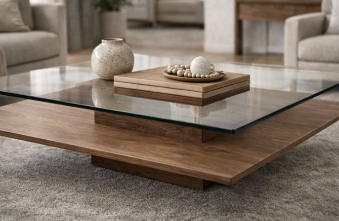 Table basse bois noyer et verre trempé design | Salon contemporain