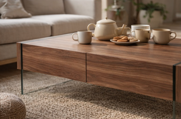 Table basse en bois naturel au design moderne et minimaliste pour salon contemporain