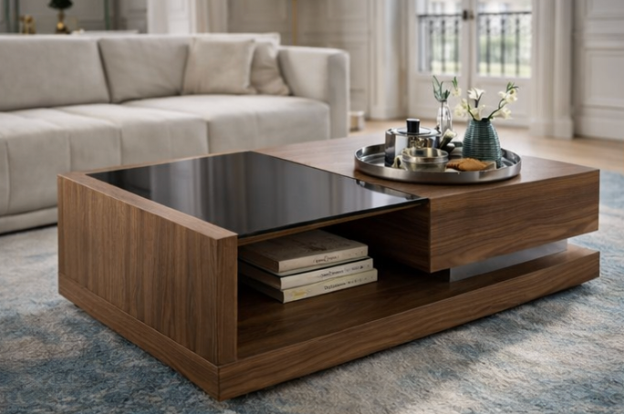 Table basse en bois et verre noir intégrée dans un salon moderne au style contemporain
