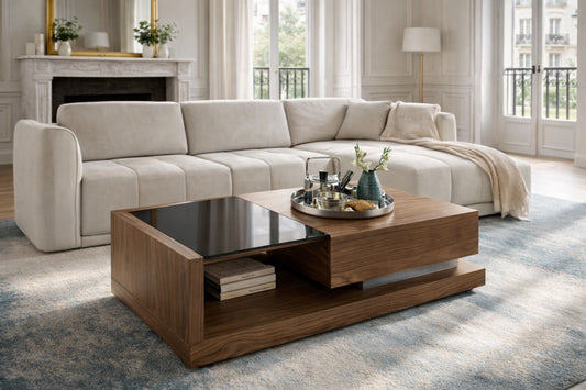 Table basse design en bois et verre teinté noir