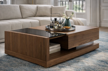 Charger l'image dans la visionneuse de la galerie, Table basse bois et verre noir dans une ambiance de salon moderne
