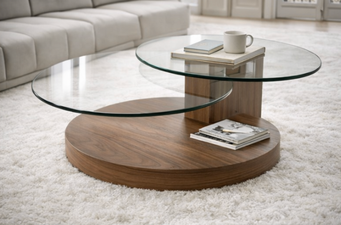 Table basse design avec duo de plateaux en verre pour salon moderne