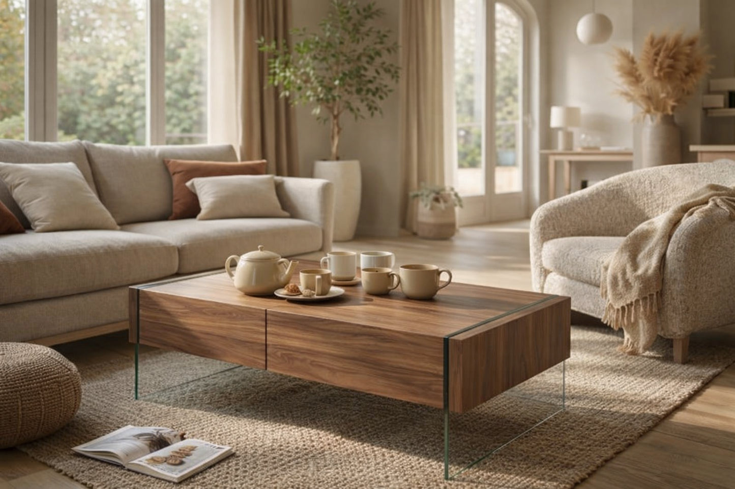 Table basse design en bois de noyer et verre