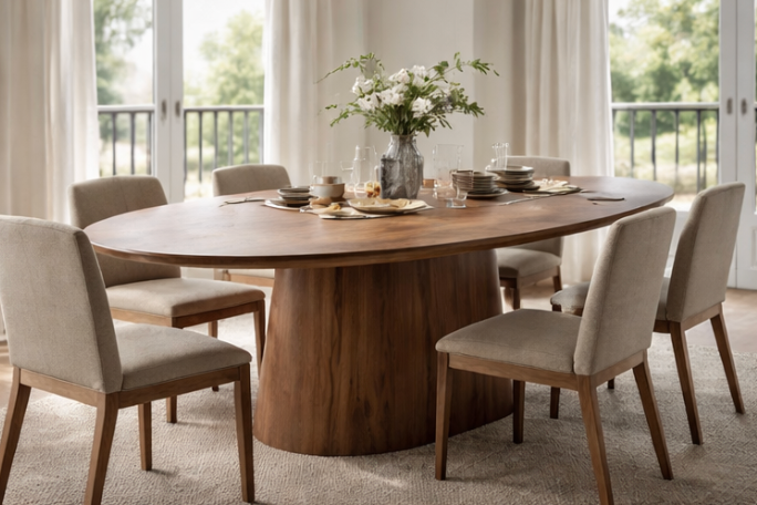 Table à manger ovale en bois au design élégant dans une salle à manger lumineuse
