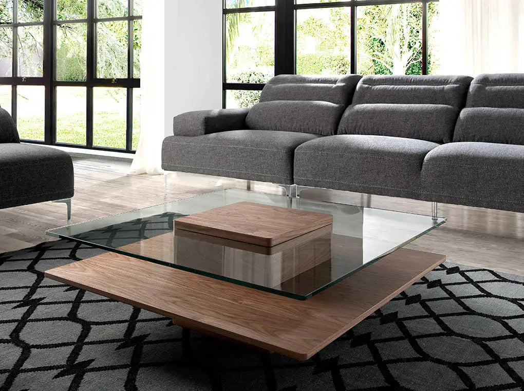 Table basse bois noyer et verre trempé design | Salon contemporain