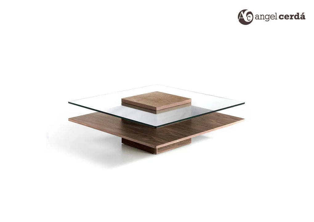 Table basse bois noyer et verre trempé design | Salon contemporain