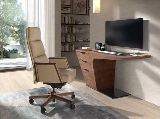 Fauteuil de bureau pivotant en similicuir & bois noyer
