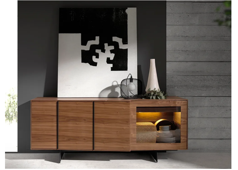 Buffet design en bois noyer avec cave à vin et éclairage LED – Angel Cerdá 3218
