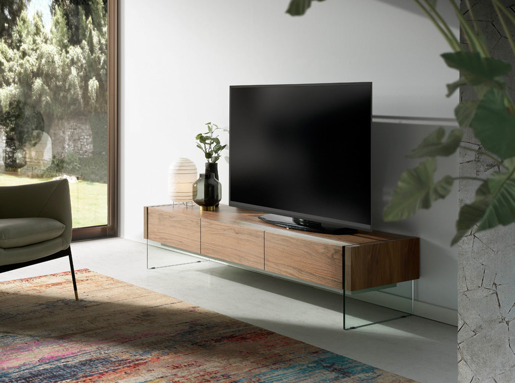 3085 Meuble tv design "Vetro" Angel Cerda en bois de noyer et verre trempé