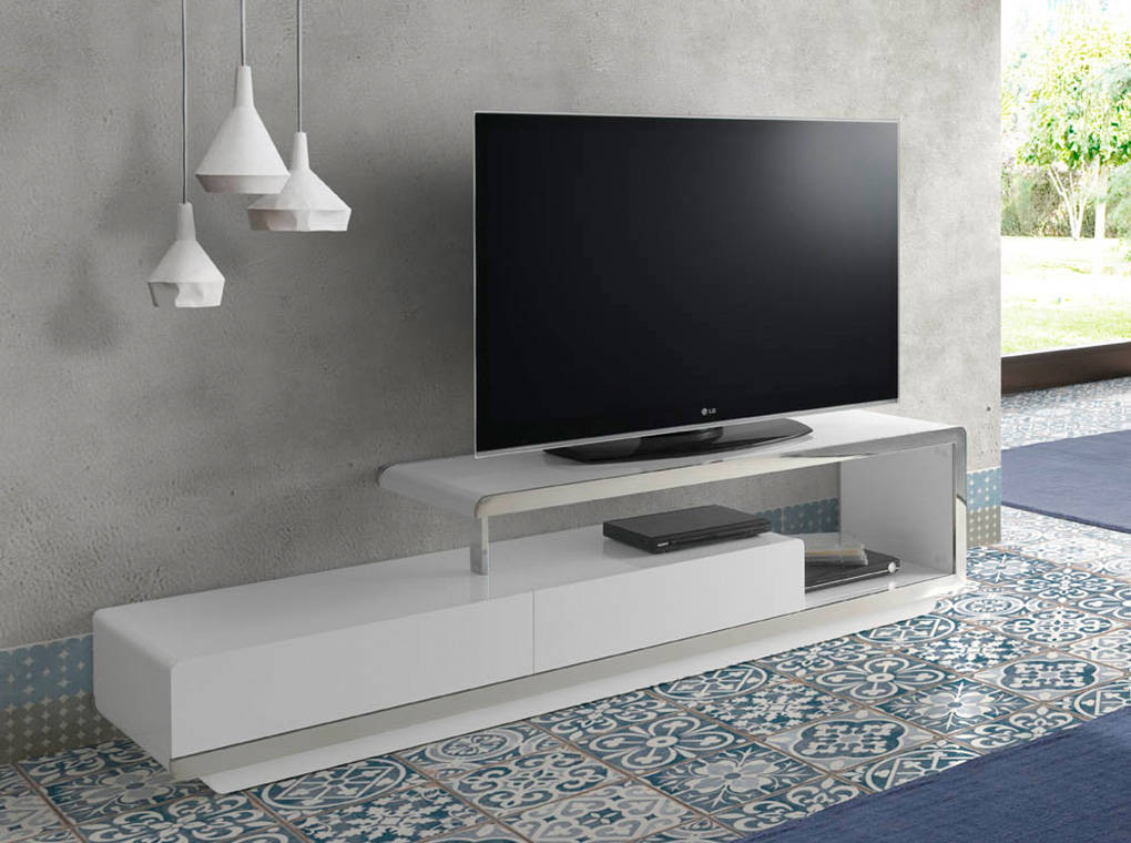 3042 Meuble tv design "Epura" Angel cerda en bois blanc et acier chromé