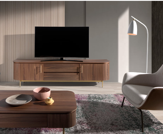 Meuble TV en Bois de Noyer et Acier Inoxydable doré Angel Cerda