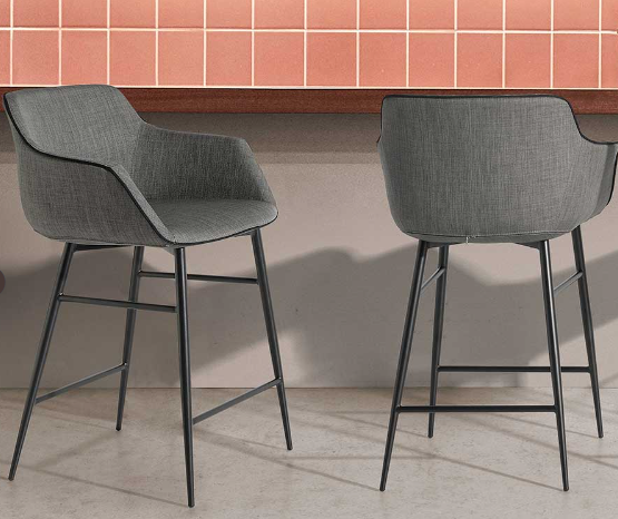 Tabouret de bar rembourré en tissu gris et acier noir Angel Cerda 4089