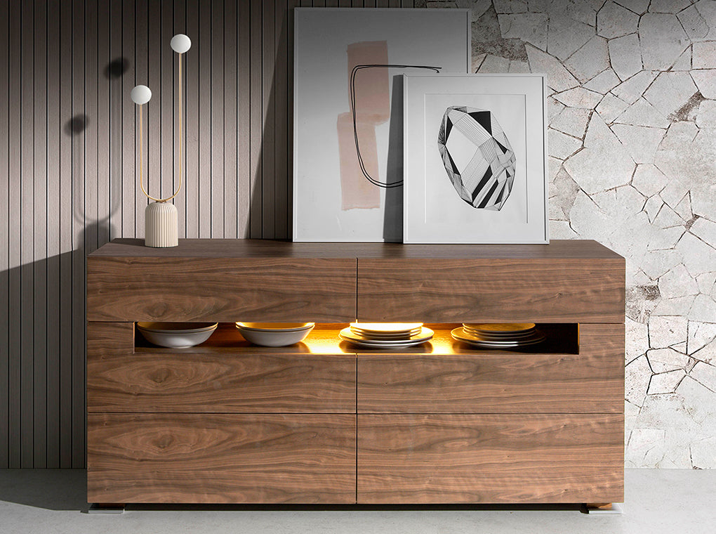 Buffet design moderne en bois plaqué noyer avec éclairage LED