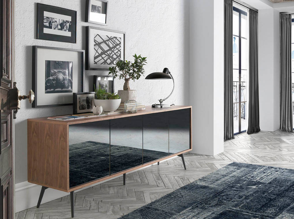 Buffet design en bois de noyer avec portes en verre miroir noir – Angel Cerda 3061