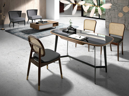 Bureau design en verre trempé noir et bois de noyer – Angel Cerdá 3137