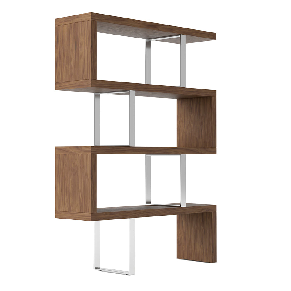 Étagère design moderne en bois plaqué noyer et acier chromé