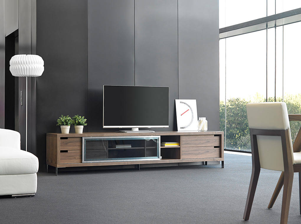 Meuble TV design "Loft" bois noyer avec porte coulissante 180cm