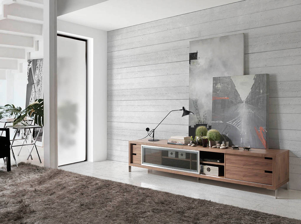 Meuble TV design "Loft" bois noyer avec porte coulissante 180cm
